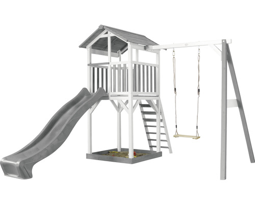 Tour de jeu avec toboggan, balançoire et bac à sable