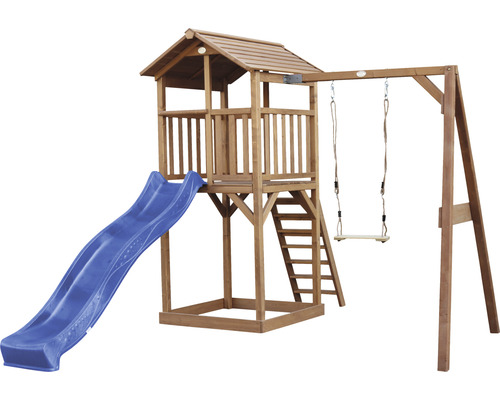 Tour de jeu avec toboggan et balançoire en bois