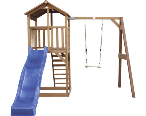 Tour de jeu avec toboggan et balançoire en bois