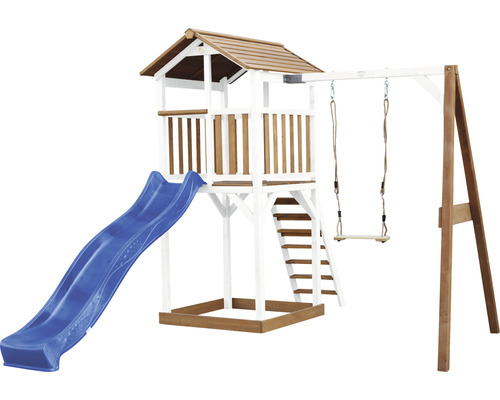 Spielturm axi Beach Tower mit Einzelschaukel Holz braun weiss Rutsche blau Spielturm mit Rutsche, Leiter und Schaukel für den Garten