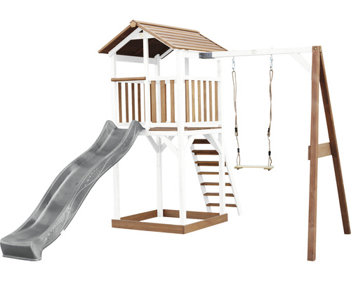 Spielturm axi Beach Tower mit Einzelschaukel Holz braun weiss Rutsche grau Spielturm mit Rutsche und Schaukel für den Garten