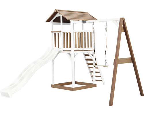 Tour de jeu en bois avec toboggan et balançoire