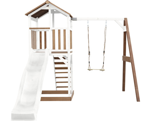 Spielturm axi Beach Tower mit Einzelschaukel Holz braun weiss Rutsche weiss Spielturm mit Rutsche und Schaukel für den Garten