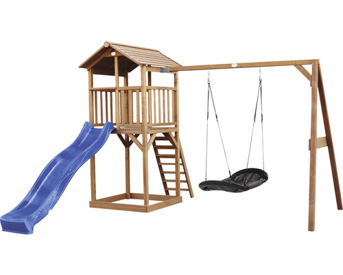 Tour de jeux Beach Tower axi avec balançoire nid d'oiseau bois bleu marron Aire de jeux avec tour, toboggan et balançoire en bois