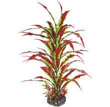 Dekorative Aquarium-Kunstpflanze mit rot-grünen Blättern und Steinfuß