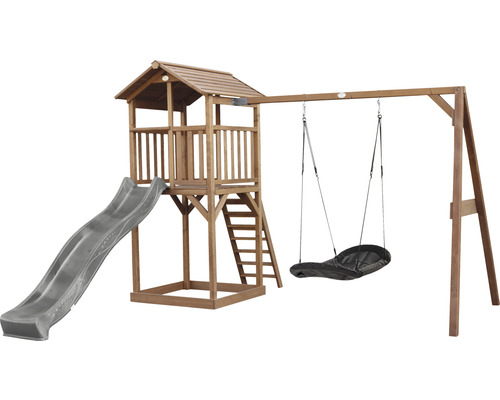 Tour de jeux Beach Tower axi avec balançoire nid d'oiseau bois marron gris Tour de jeu avec toboggan, tour, échelle et balançoire pour le jardin