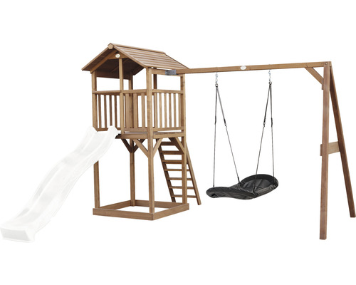 Spielturm aus Holz mit Rutsche, Leiter und Schaukel