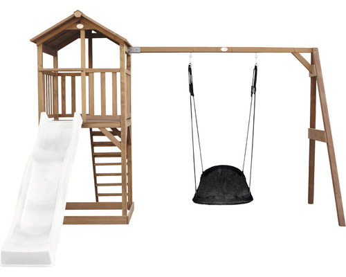 Tour de jeux Beach Tower axi avec balançoire nid d'oiseau bois marron blanc Tour de jeu en bois avec toboggan et balançoire