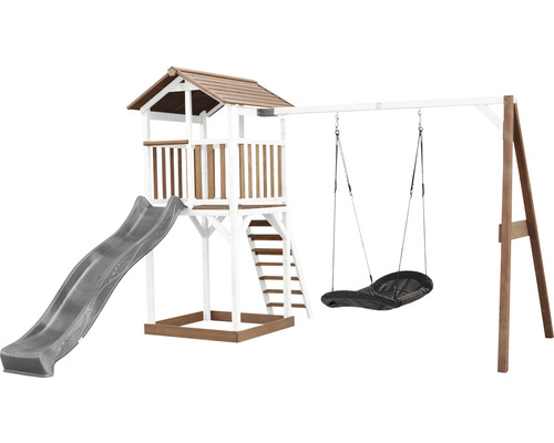 Tour de jeux Beach Tower axi avec balançoire nid d'oiseau bois marron blanc bleu Tour de jeux avec toboggan et balançoire pour le jardin