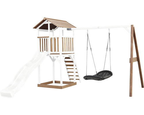Spielturm axi Beach Tower mit Nestschaukel Holz braun weiss Rutsche weiss Spielturm mit Rutsche, Leiter und Schaukel für den Garten