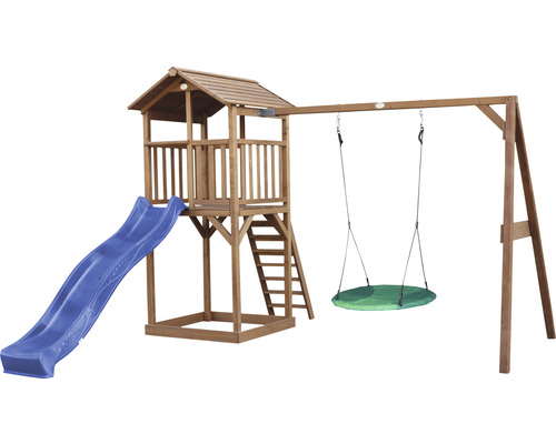 Tour de jeux Beach Tower axi avec balançoire nid d'oiseau bois bleu marron Aire de jeux avec toboggan, tour et balançoire