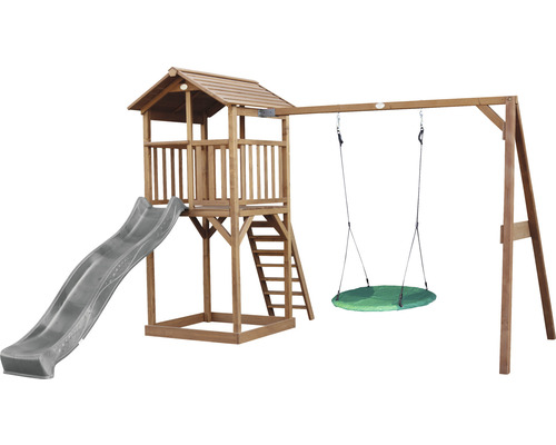Spielturm mit Rutsche, Schaukel und Kletterturm aus Holz