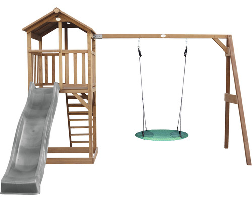 Tour de jeux Beach Tower axi avec balançoire nid d'oiseau bois marron gris Tour de jeux avec toboggan et balançoire pour l''extérieur