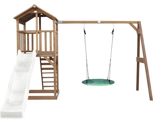Tour de jeux Beach Tower axi avec balançoire nid d'oiseau bois marron blanc Tour de jeux avec toboggan et balançoire pour le jardin