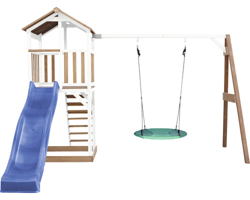 Tour de jeux Beach Tower axi avec balançoire nid d'oiseau bois marron blanc bleu Tour de jeux avec toboggan et balançoire pour le jardin