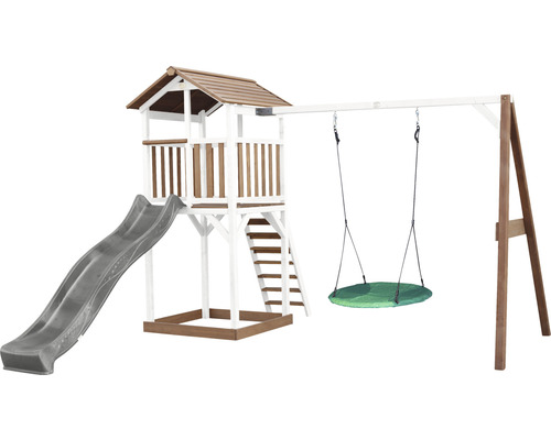 Tour de jeux Beach Tower axi avec balançoire nid d'oiseau bois marron blanc bleu Tour de jeu avec toboggan et balançoire pour le jardin