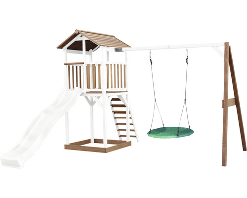 Tour de jeux Beach Tower axi avec balançoire nid d'oiseau bois marron blanc Tour de jeu avec toboggan, balançoire et échelle pour le jardin