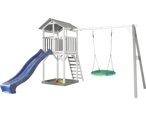 Tour de jeux Beach Tower axi avec balançoire nid d'oiseau bois gris bleu blanc Aire de jeux avec toboggan, tour, bac à sable et balançoire
