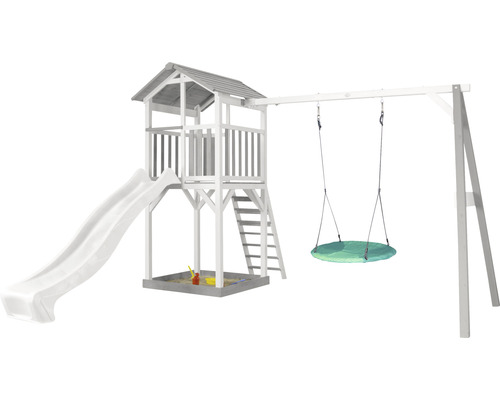 Tour de jeux axi Beach Tower avec balançoire nid d'oiseau turquoise bois gris blanc