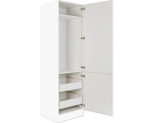 Armoire haute blanche avec étagères et tiroirs