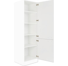 Armoire haute blanche avec porte ouverte et étagères