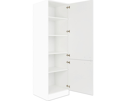 Armoire haute blanche avec porte ouverte et étagères