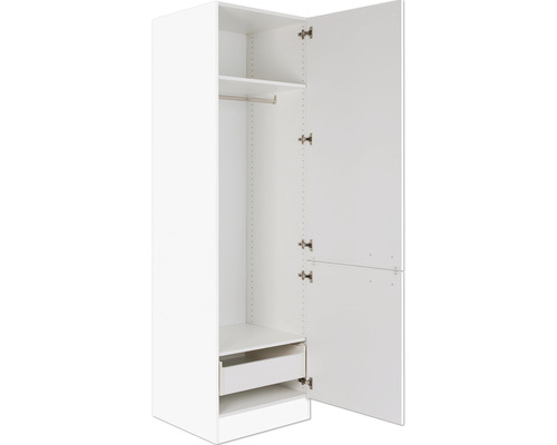 Armoire blanche ouverte avec étagères et tringle
