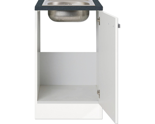 Waschtischunterschrank mit offener Tür und Edelstahlspüle