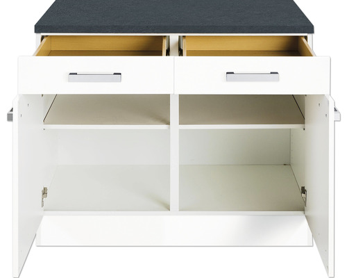 Meuble sous-vasque avec tiroirs et compartiments ouverts