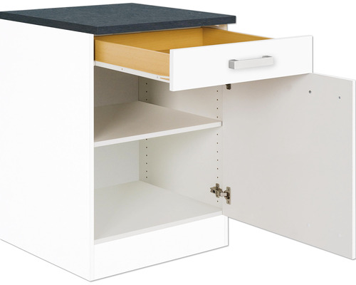 Meuble bas Optifit avec tiroir et porte pivotante Salo214 lxpxh 60x60x84,8 cm blanc mat démonté tirant réversible (montage à gauche ou à droite)