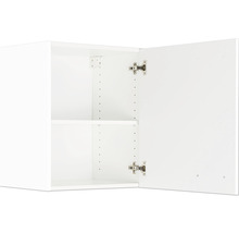 Armoire murale blanche ouverte avec étagères et charnières