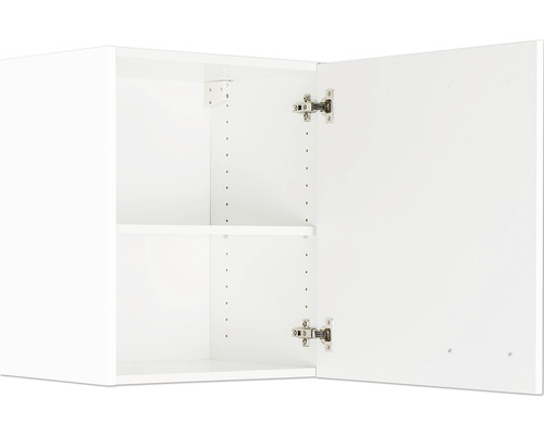Armoire murale blanche ouverte avec étagères et charnières