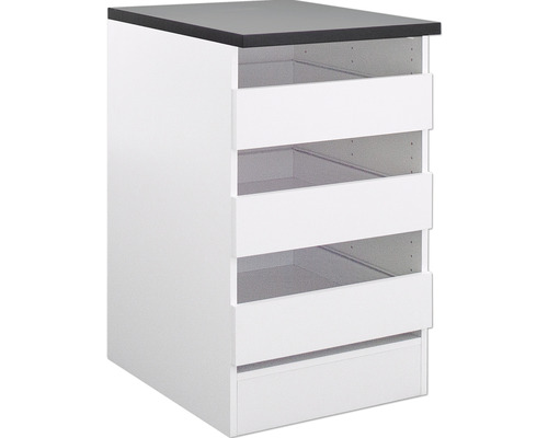 Meuble à tiroirs blanc avec cinq tiroirs et dessus foncé