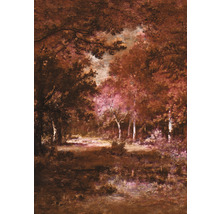 Peinture d''une scène de forêt avec des arbres et de la végétation.