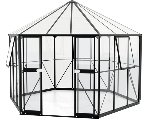 Achteckiges Gewächshaus mit transparenten Wänden und Dach.
