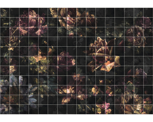 Papier peint panoramique intissé INX8-080 Ink Tiles Flowers 8 pces 400 x 280 cm Carreaux à motifs floraux
