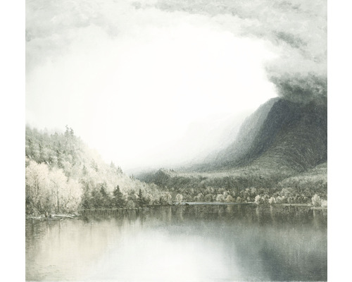 Papier peint panoramique intissé INX6-056 Ink Journey 6 pces 300 x 280 cm Illustration d''un paysage lacustre avec des montagnes et des arbres
