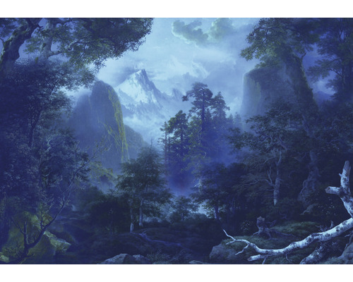 Papier peint panoramique intissé INX8-014 Ink Midnight 8 pces 400 x 280 cm Peinture d''un paysage de montagne avec des arbres au premier plan.