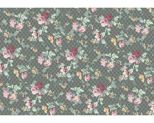 Papier peint panoramique intissé INX8-003 Ink Embellish 8 pces 400 x 280 cm Motif fleuri avec roses et feuilles sur fond en forme de filet