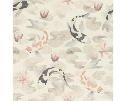 Papier peint intissé 409420 Kimono Koi beige Papier peint avec carpes koï, nénuphars et feuilles