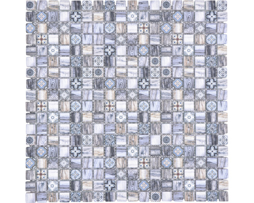 Mosaïque en verre XCM RW49 gris-bleu 30x30 cm Mosaïque avec éléments carrés et motifs variés