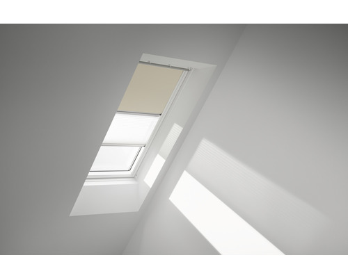 Kit éco Velux store occultant beige clair uni et store plissé blanc à commande manuelle cadre blanc DFD FK06 1085SWL