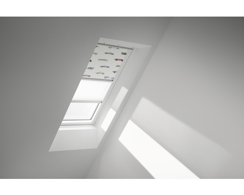 Store duo VELUX store occultant Kids Voitures de course plus store plissé blanc cadre blanc DFD S06 4654SWL