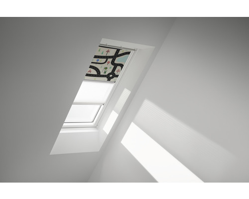 VELUX Vorteils-Set Verdunkelungsrollo Kids Straßen und Faltstore Plissee weiß manuell Rahmen aluminium DFD M08 4655S