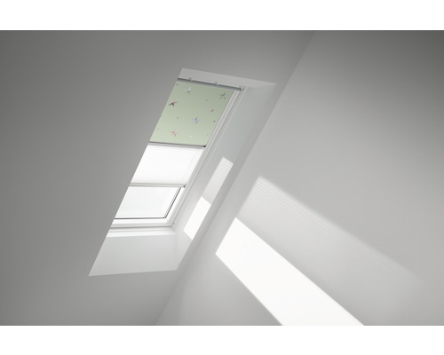 Store duo VELUX store occultant Kids Étoiles vertes plus store plissé blanc cadre blanc DFD M06 4661SWL