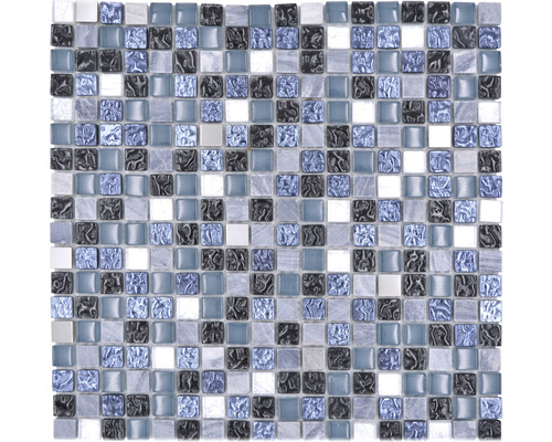 Mosaïque en verre XCM M670 mélange gris/bleu 30x30 cm Carreau de mosaïque avec des éléments carrés dans différentes nuances
