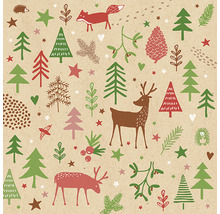 Illustration mit Weihnachtsmotiven, darunter Tannenbäume, Hirsche, Füchse und Sterne