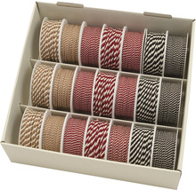 Kordelbox mit Kordelrollen in verschiedenen Farben