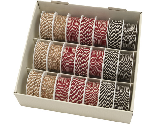 Kordelbox mit Kordelrollen in verschiedenen Farben