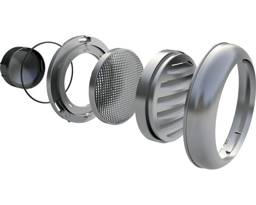 Explosionszeichnung eines runden Lüftungsgitters aus Metall.